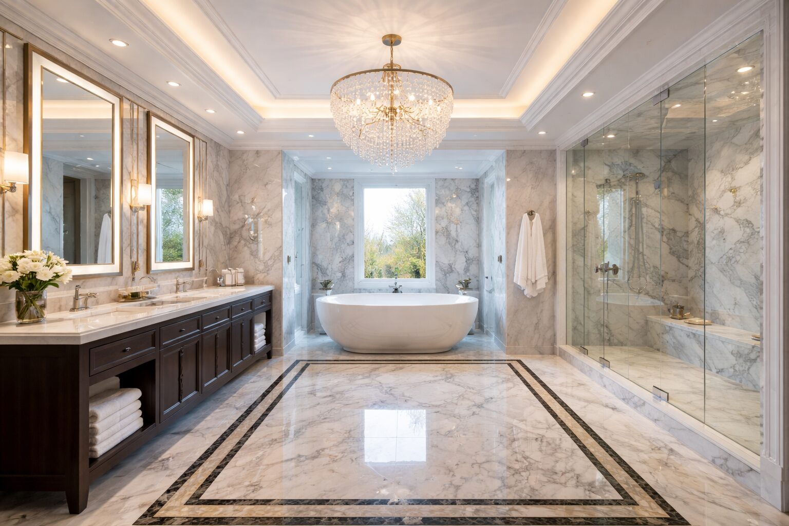 Luxury bathroom remodel with a freestanding tub, dual vanity, and glass shower.