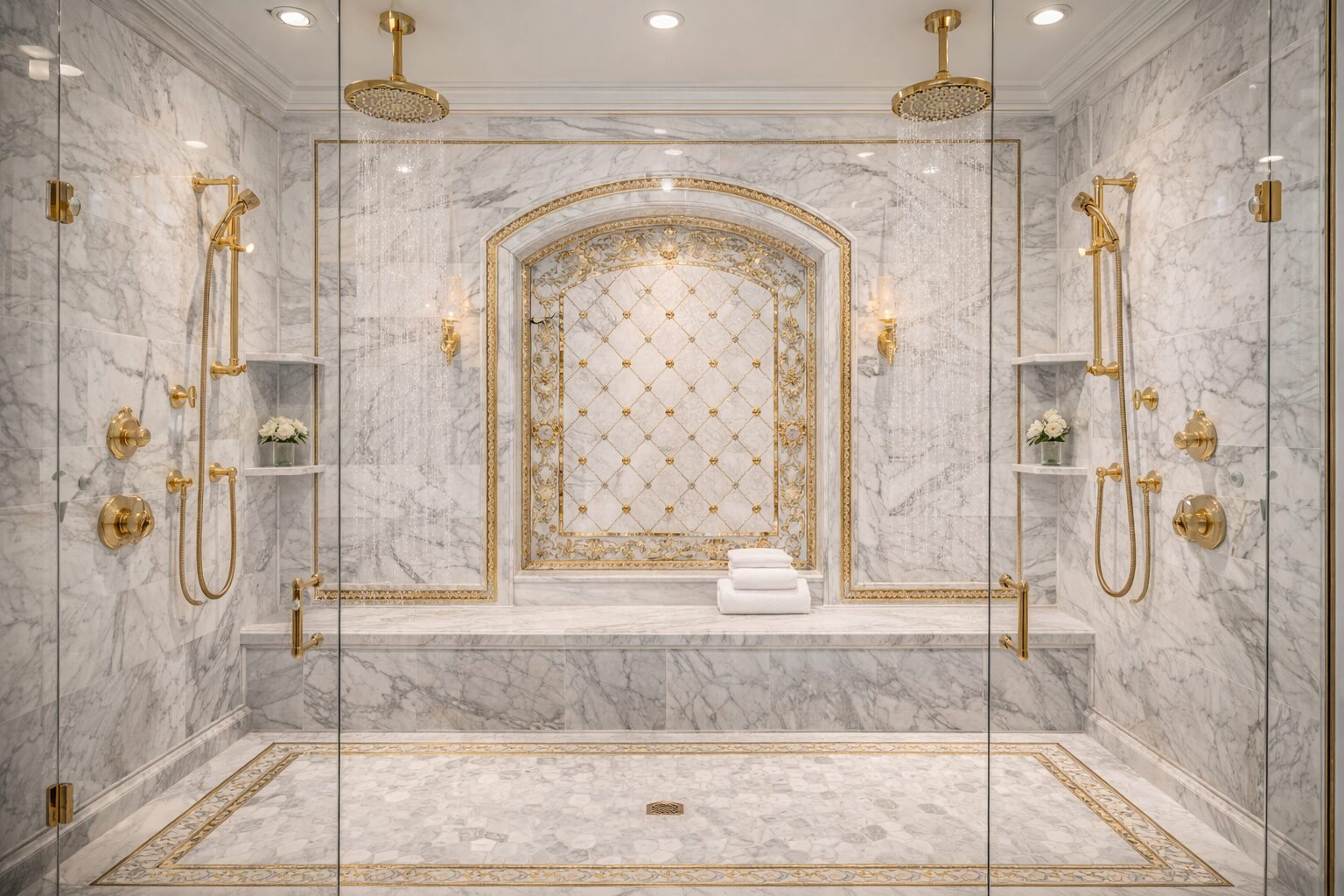 Custom remodeled shower with full-height marble walls, bench seating, and dual shower heads.